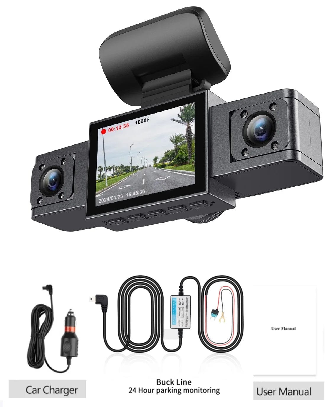 3 Channel Dash Cam Video Recorder - Triple Lens Car Camera with Rear View, DVR, and 24H Parking Monitor - Homebound Essentials