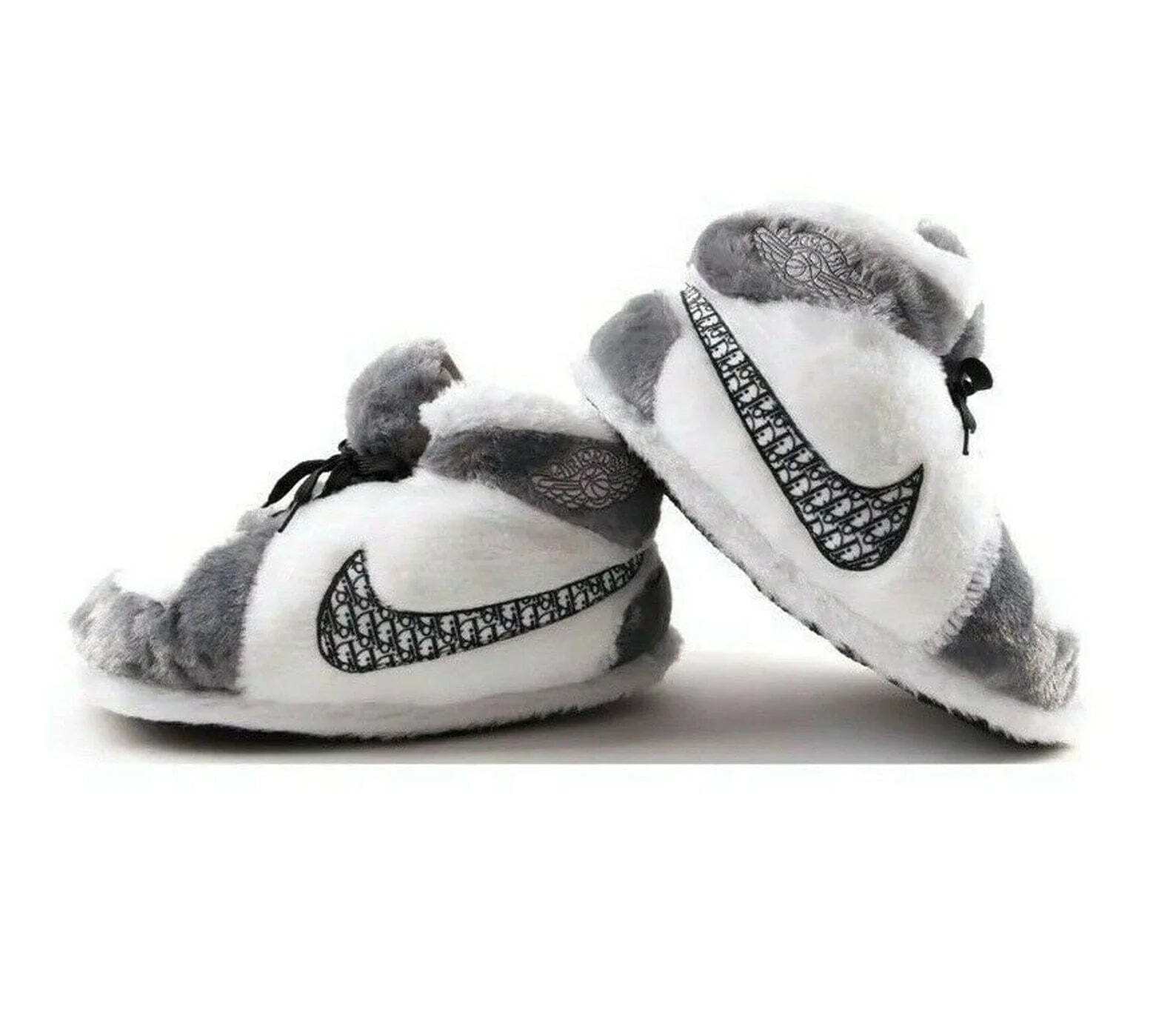 HomeBound Essentials Grey & White / 6 (28-31 cm in length) Comfy Jordan Plush Sneaker Slipper Dunks