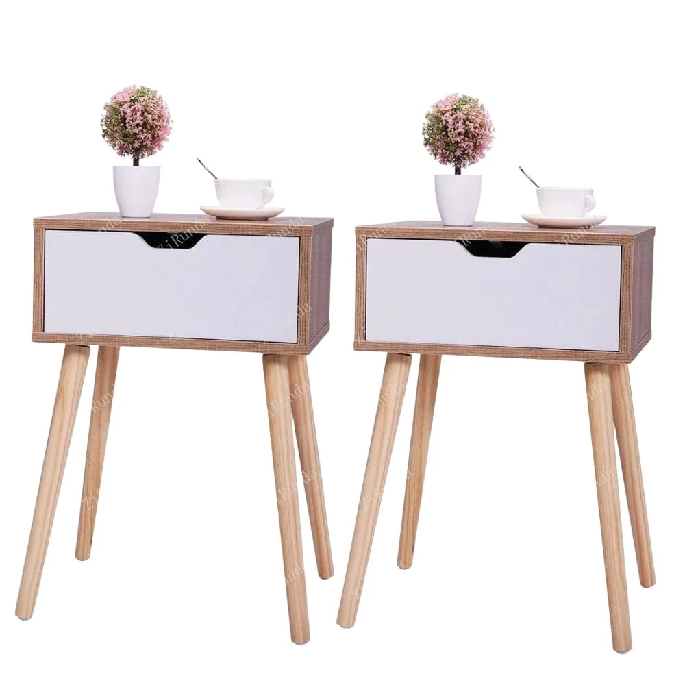 HomeBound Essentials L Set of 2 Wood Nightstand with Storage Drawer & Solid Wood Leg,  Bedside Tables Furniture  Nightstand