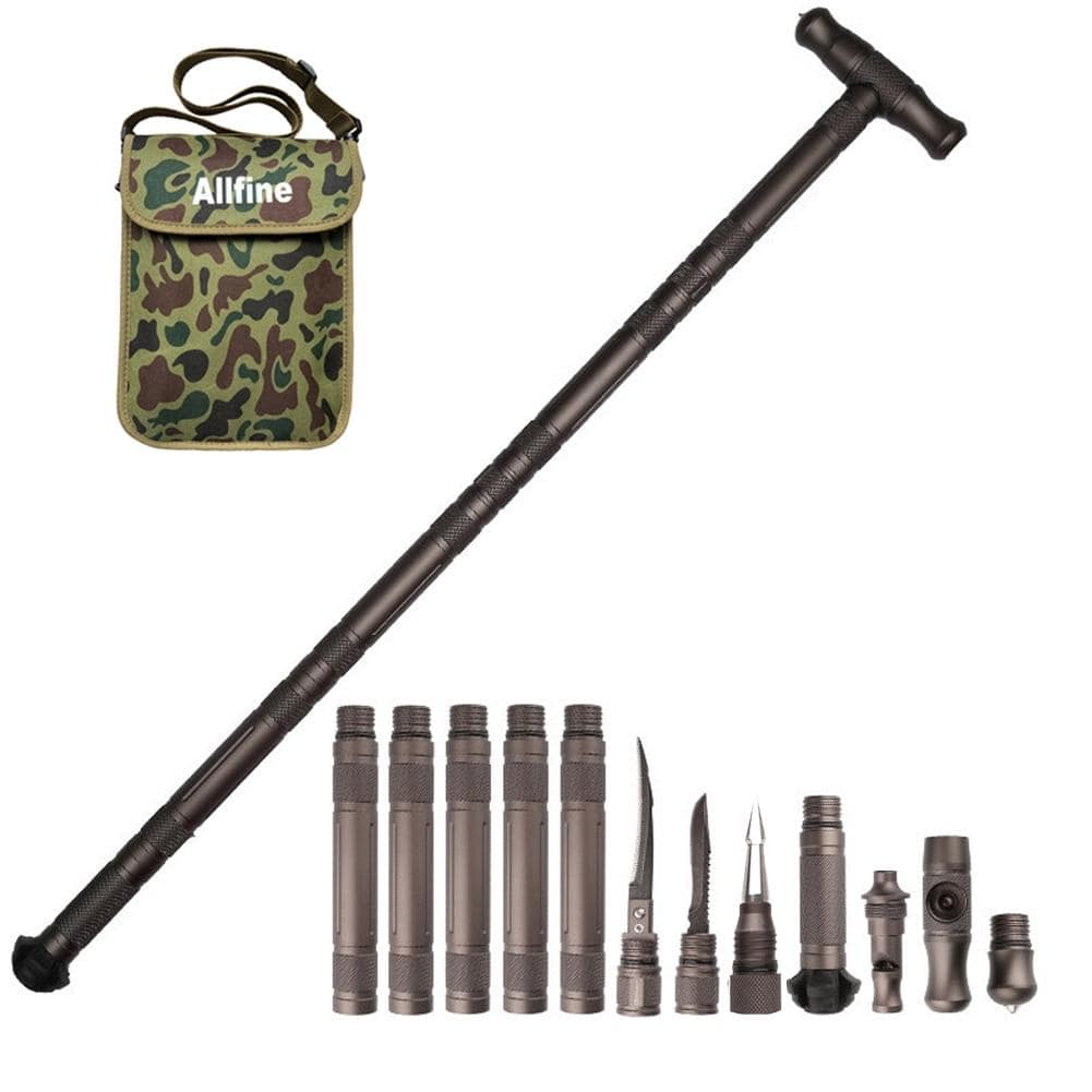 HomeBound Essentials Grey Set Multifunctional Collapsible Tactical Survival Trekking Walking Stick