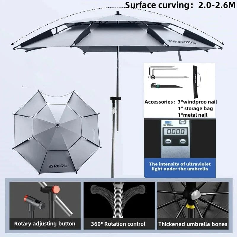 HomeBound Essentials ProFish Umbrella 2.0/2.2/2.4/2.6M: Upgraded Adjustable Big Umbrella with Double Thickened Layer, Folding Beach Umbrella Parasol for Outdoor Fishing