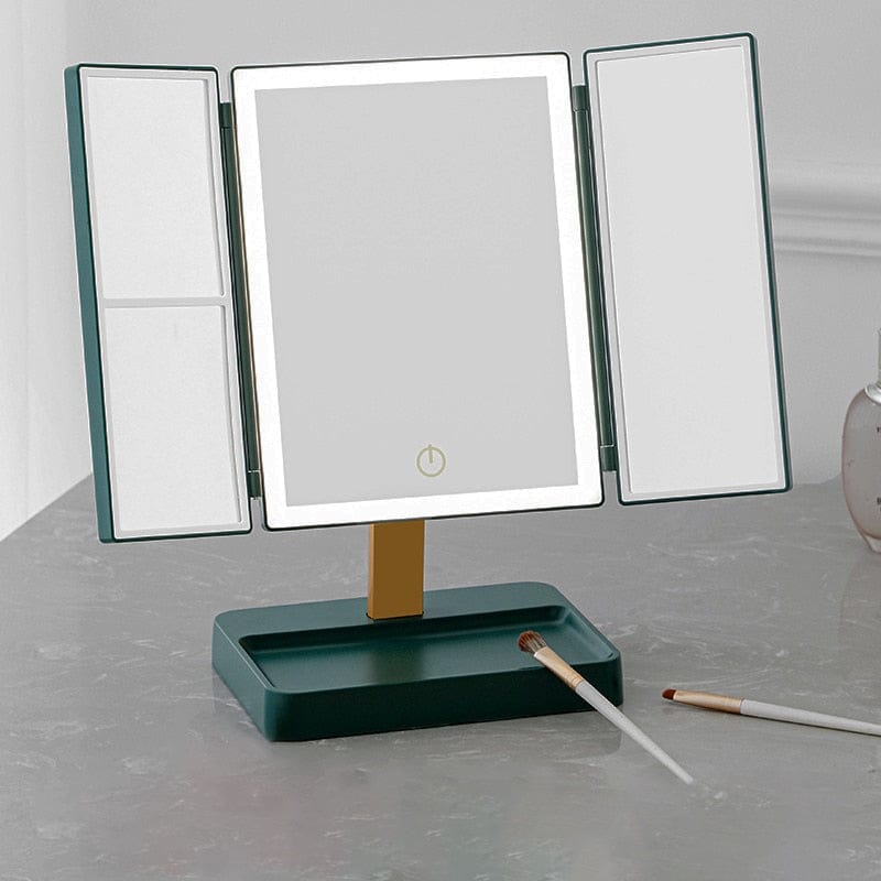 HomeBound Essentials White Light Green Tri-Folded LED Makeup Touch Screen Adjustable Cosmetic Mirror
