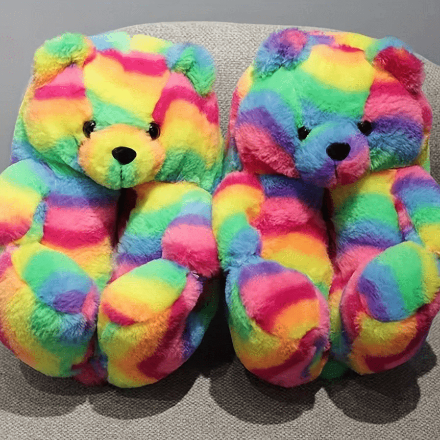 HomeBound Essentials Rainbow / 7 Women's Teddy Bear Plush House Night Slippers