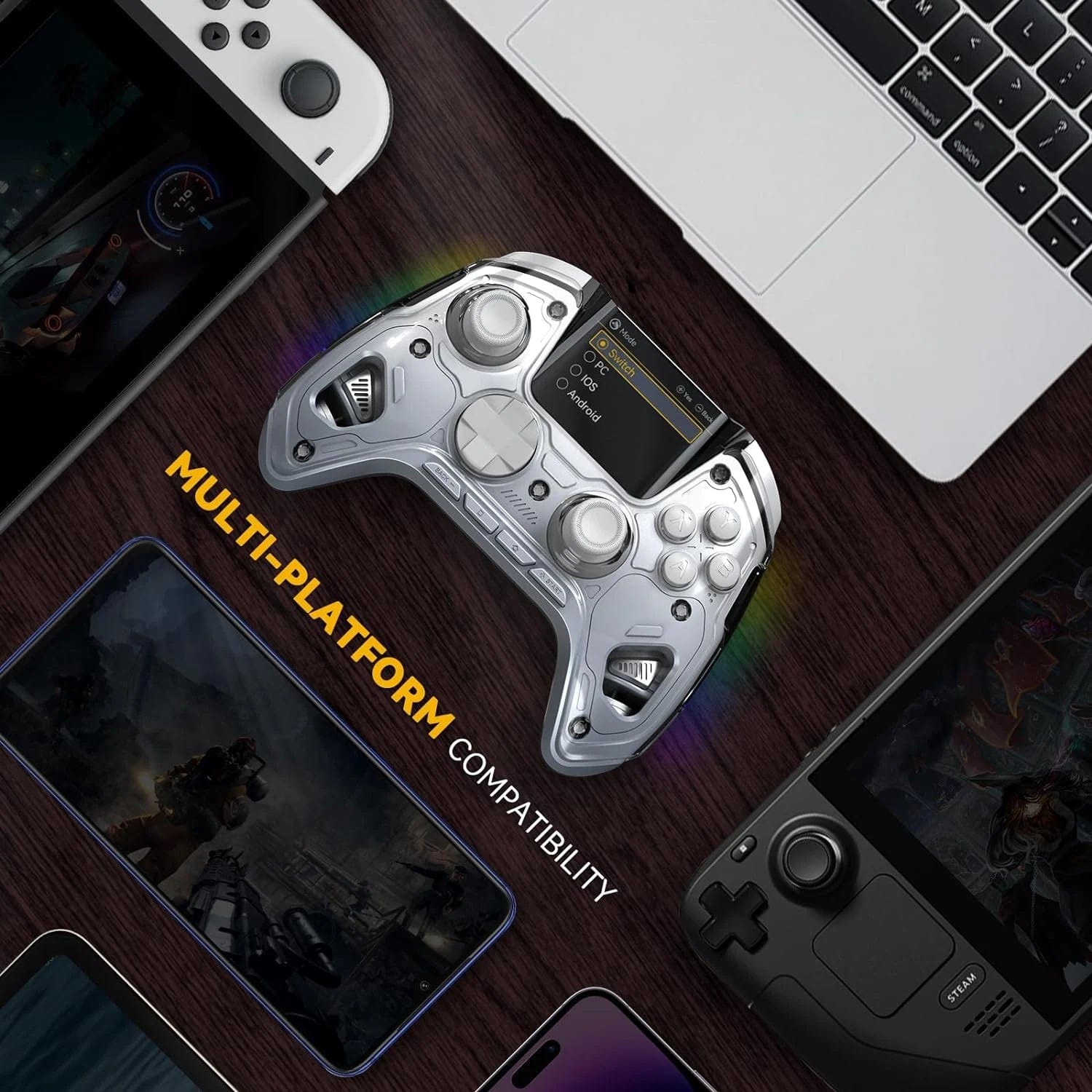 Interactive Wireless Gaming Controller: Hall Effect Stick, RGB Light, 1800mAh Battery, and Charging Dock for Switch, PC, iOS, and Android - Homebound Essentials