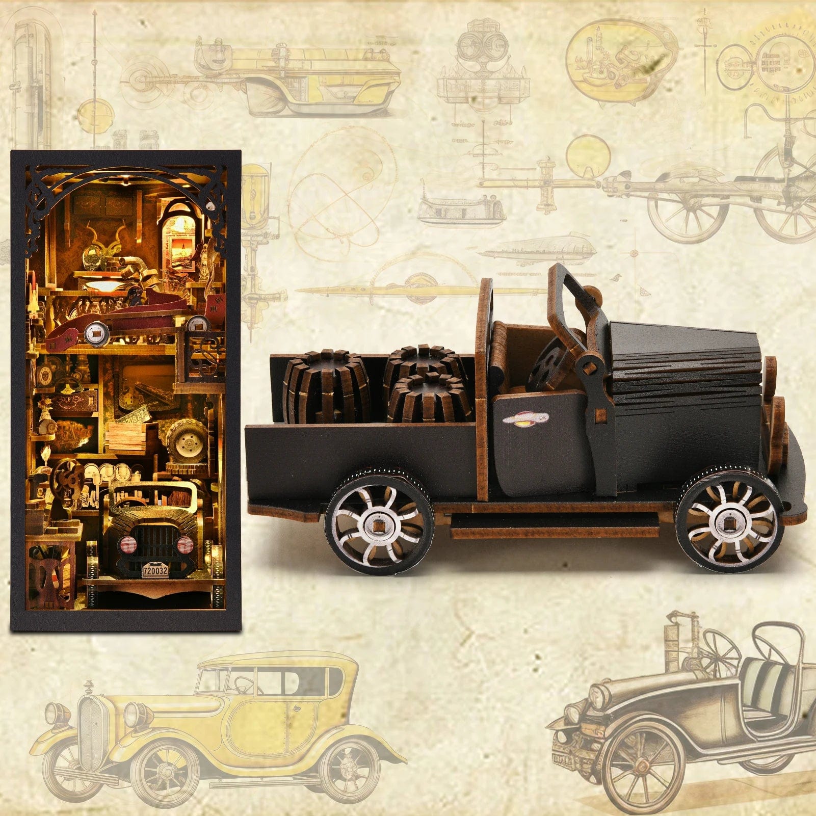 VintageVroom: Model Car Wooden DIY 3D Puzzle Book Nook Kit - Homebound Essentials