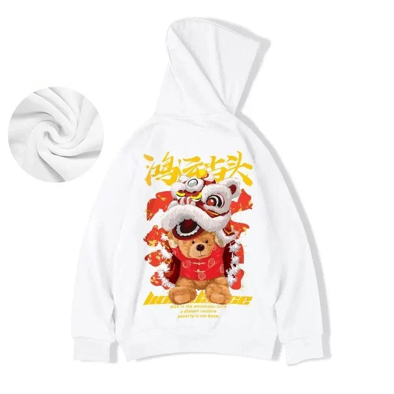 Y2K Lion Dance Fleece Hoodie: Autumn Men's Y2K Hooded Sweatshirt | Lion Dance Bear Graphic | Hip Hop Warm Fleece Hoodie - Homebound Essentials