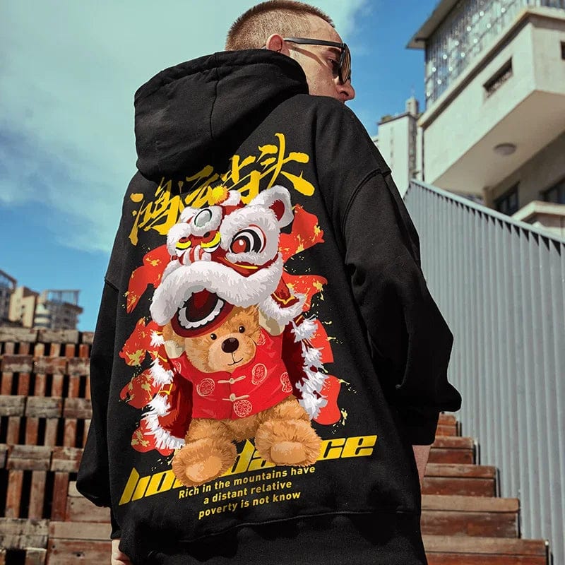 Y2K Lion Dance Fleece Hoodie: Autumn Men's Y2K Hooded Sweatshirt | Lion Dance Bear Graphic | Hip Hop Warm Fleece Hoodie - Homebound Essentials