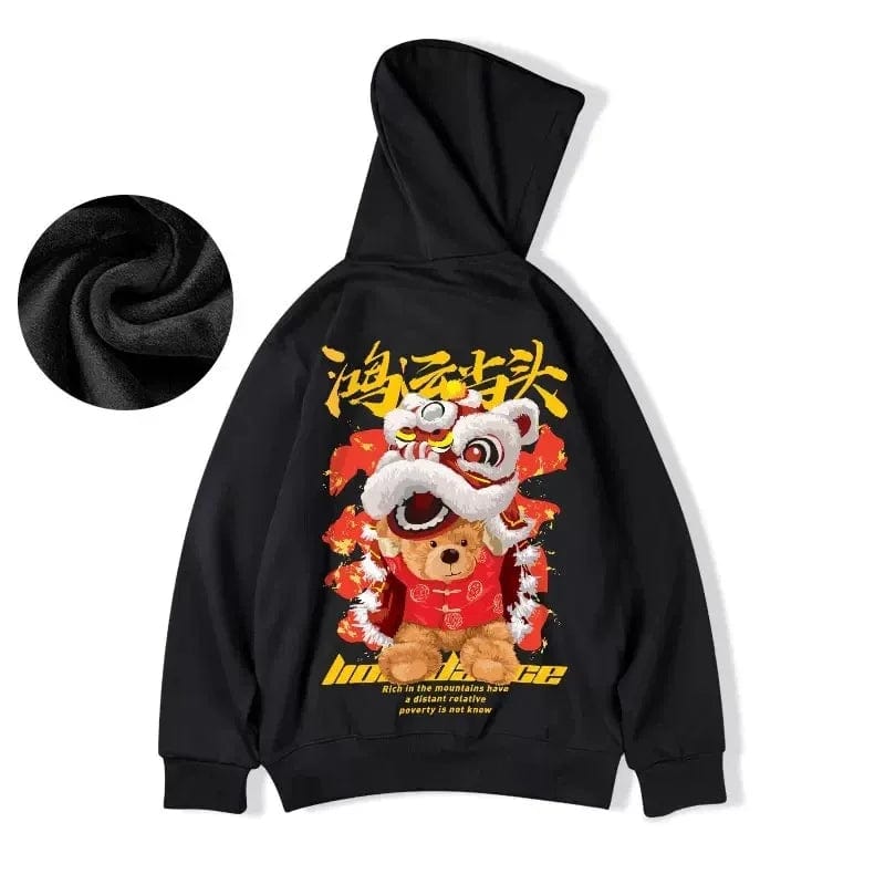 Y2K Lion Dance Fleece Hoodie: Autumn Men's Y2K Hooded Sweatshirt | Lion Dance Bear Graphic | Hip Hop Warm Fleece Hoodie - Homebound Essentials