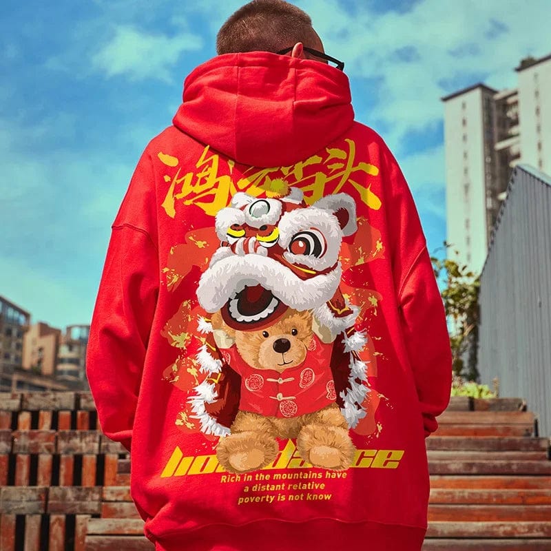 Y2K Lion Dance Fleece Hoodie: Autumn Men's Y2K Hooded Sweatshirt | Lion Dance Bear Graphic | Hip Hop Warm Fleece Hoodie - Homebound Essentials